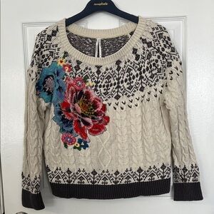 Anthropologie Cable Knit Flower Fair Isle Sweater Size Medium